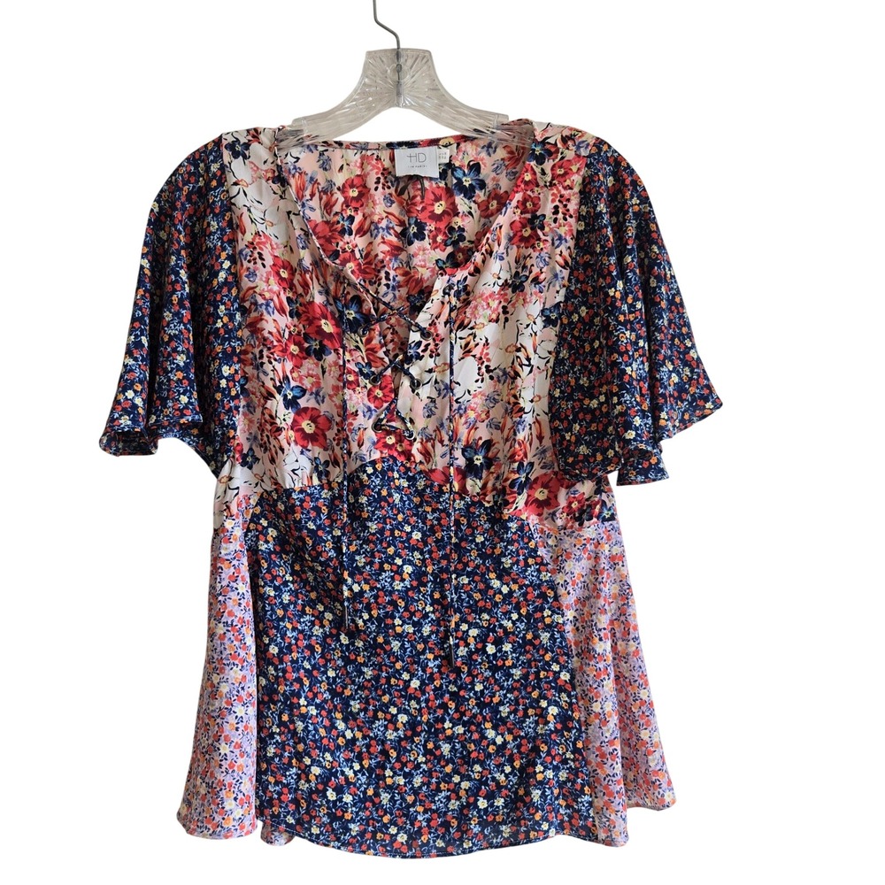 HD in Paris 2 Blouse Women Multicolor Excellent Patchwork Floral Lace Up V-Neck